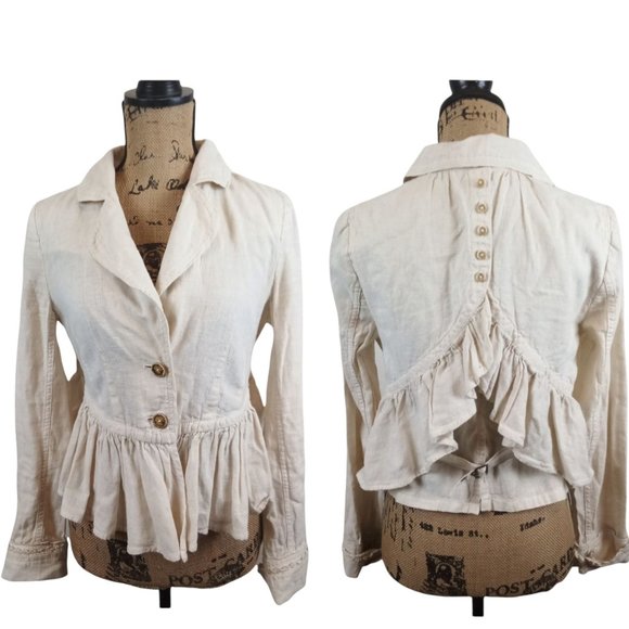 Free People Winter White Linen Cotton Ruffled Blazer - N173